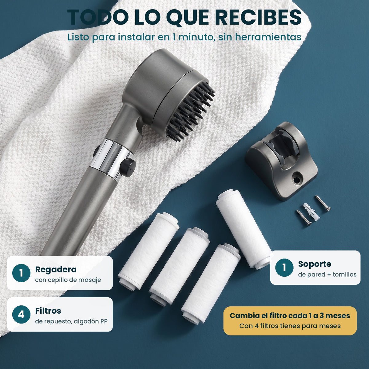 Todo lo que recibes con AquaSpa Pro: regadera, 4 filtros y soporte de pared