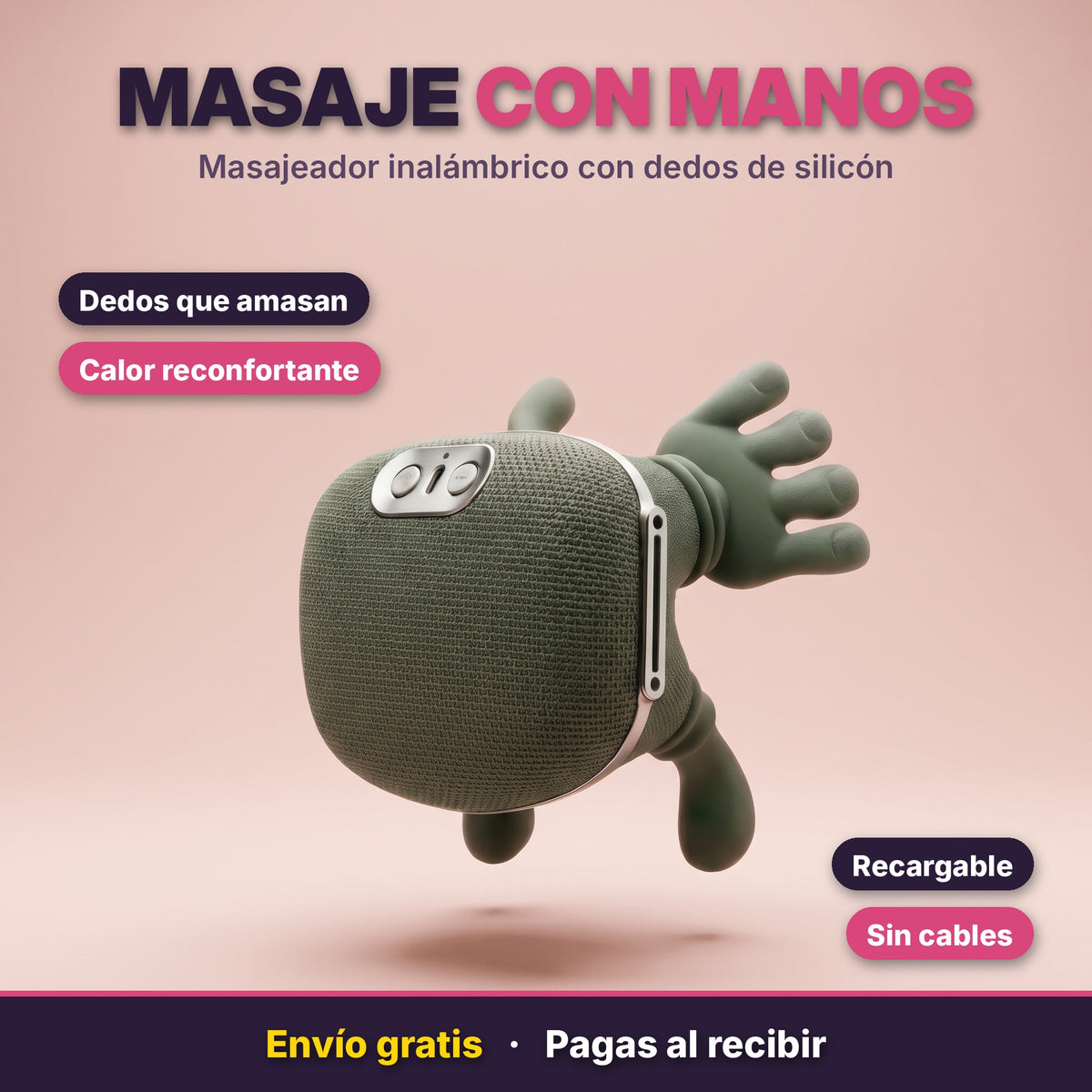 Masajeador inalámbrico con dedos de silicón, calor y sin cables