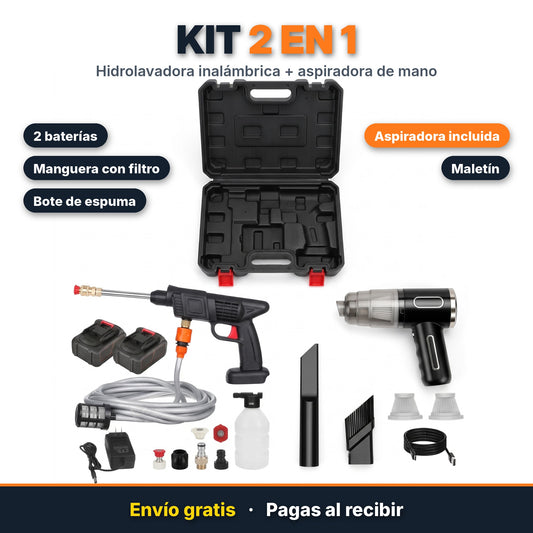 Kit 2 en 1: hidrolavadora inalámbrica con 2 baterías y aspiradora de mano