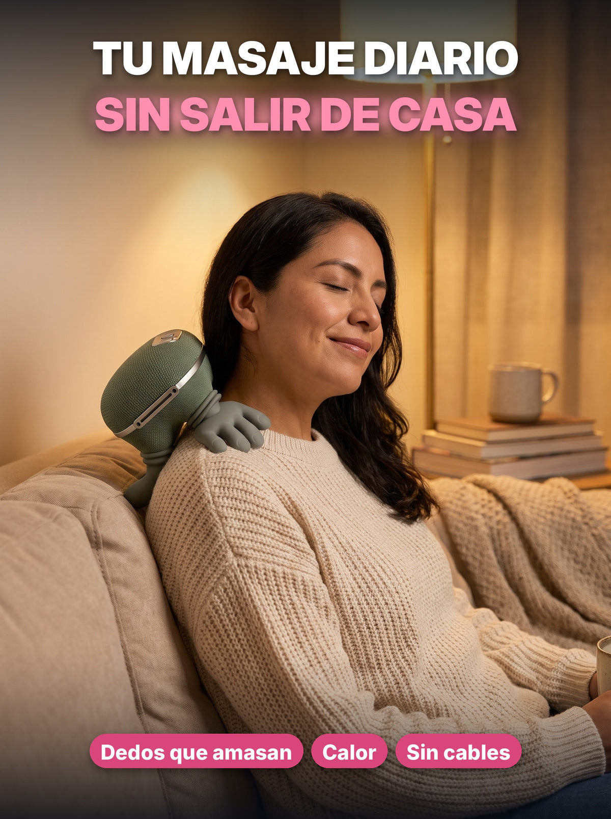 Mujer relajada en el sillón con el masajeador con dedos en el hombro