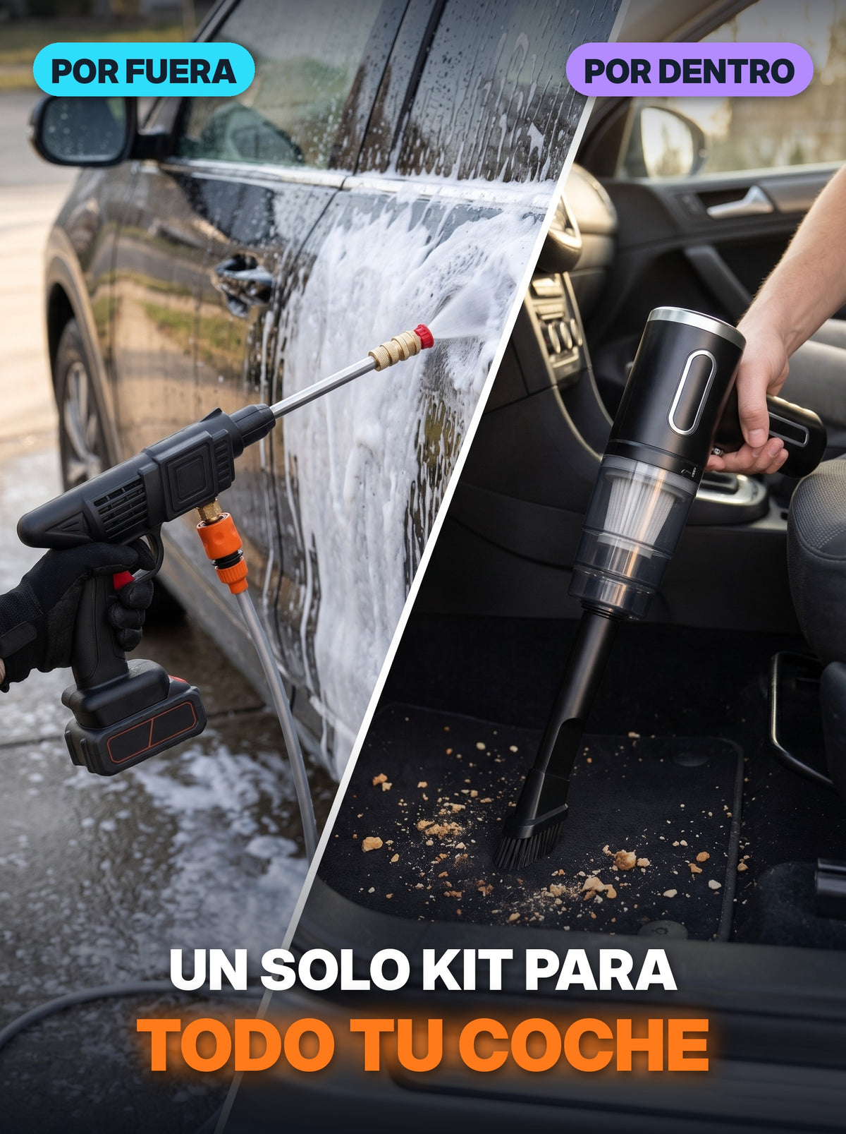 Por fuera hidrolavadora con espuma, por dentro aspiradora de mano en el tapete