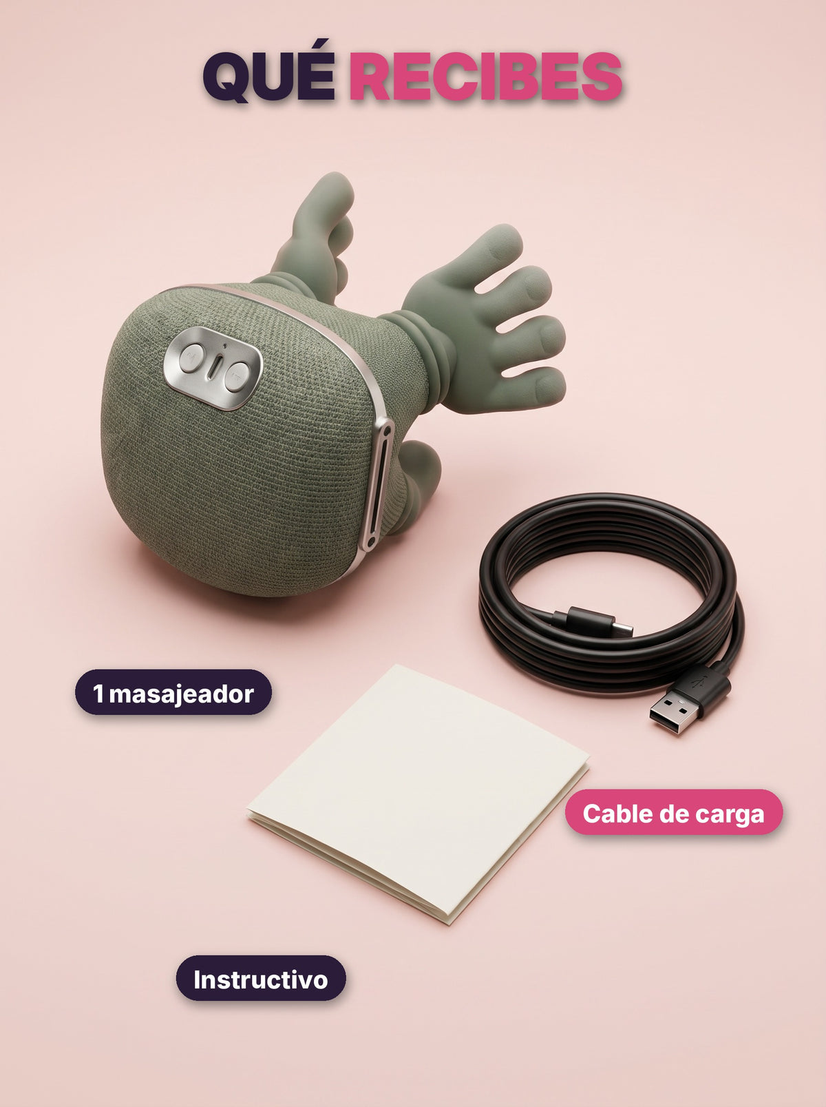 Qué recibes: masajeador, cable de carga USB-C e instructivo