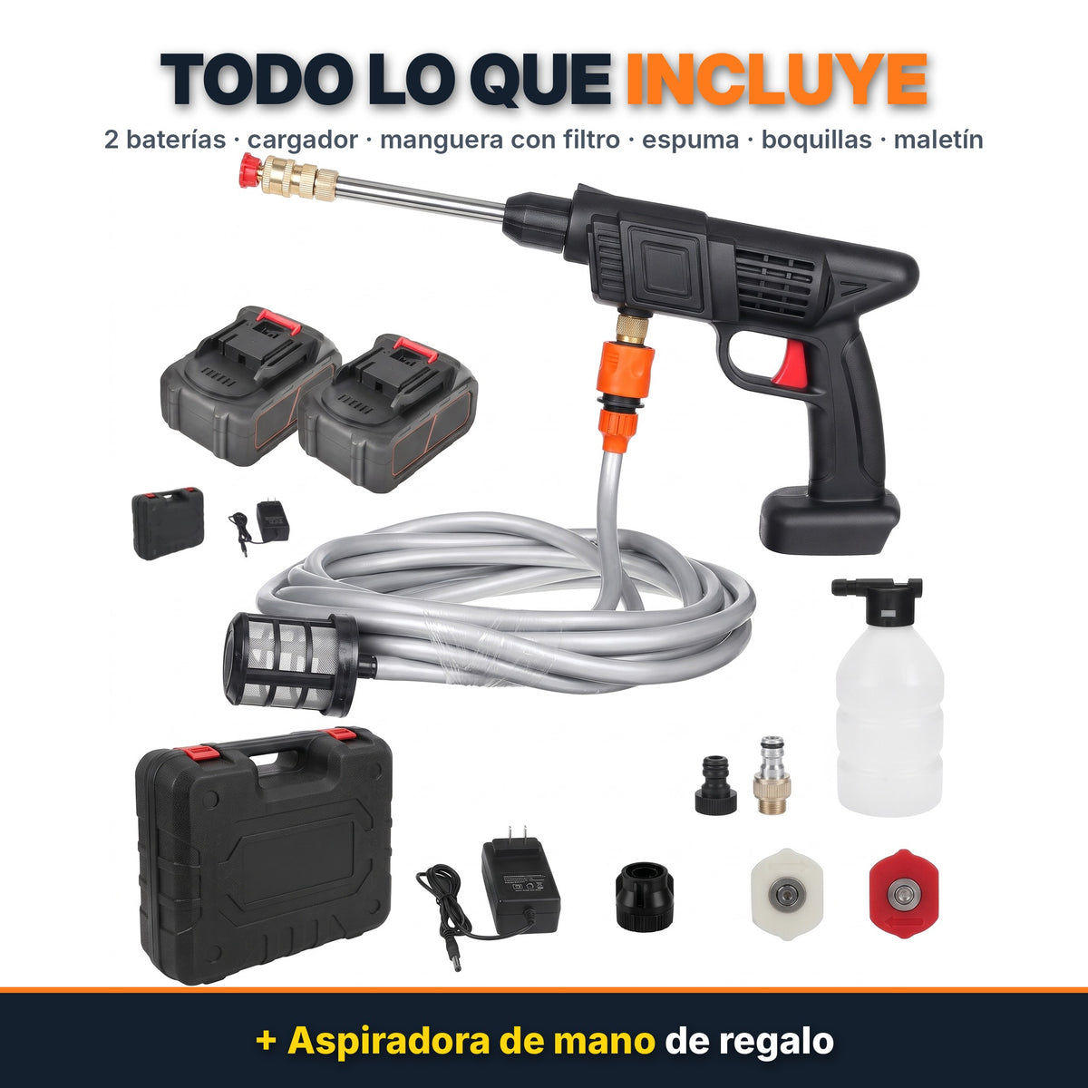 Todo lo que incluye la hidrolavadora: 2 baterías, cargador, manguera con filtro, espuma, boquillas y maletín