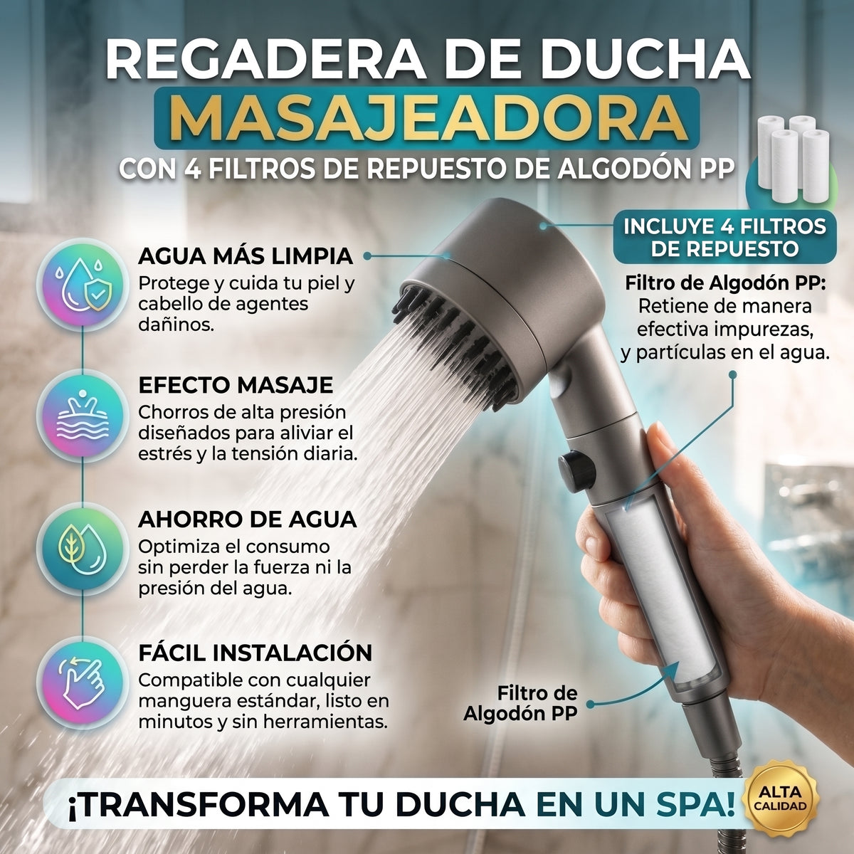 Regadera de ducha masajeadora AquaSpa Pro con 4 filtros de repuesto de algodón PP