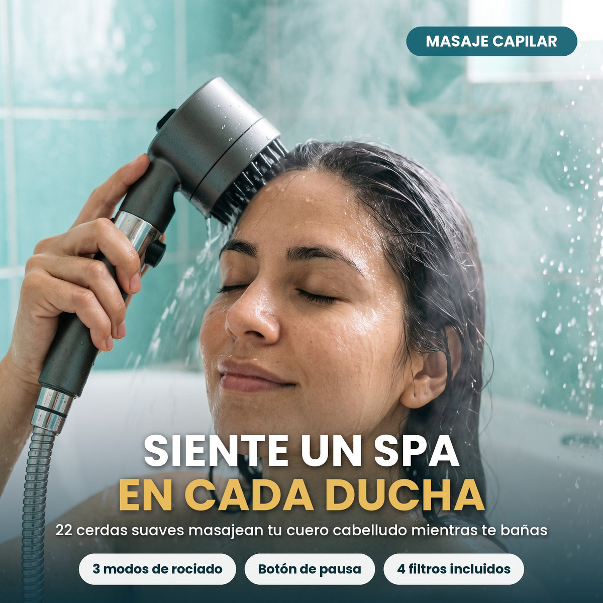 Mujer usando AquaSpa Pro: siente un spa en cada ducha