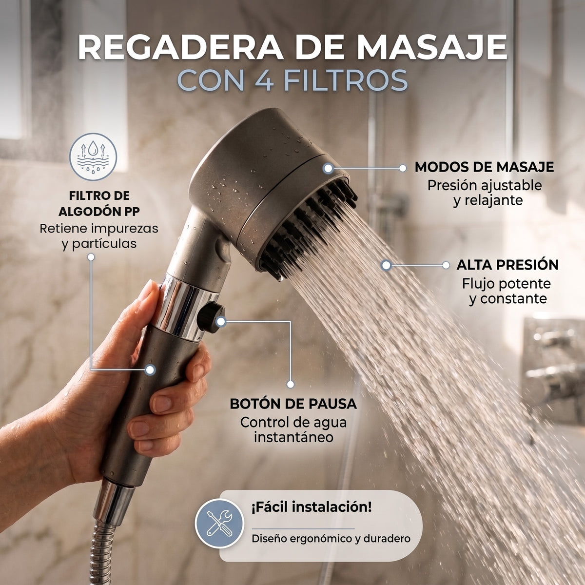 Regadera de masaje AquaSpa Pro: filtro de algodón PP, modos de masaje, alta presión y botón de pausa
